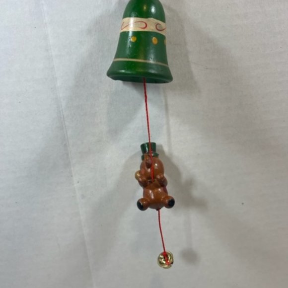 VTG Wooden Christmas Bell w/Hanging Bear & Jingle Bell Ornament 7" - Picture 9 of 12